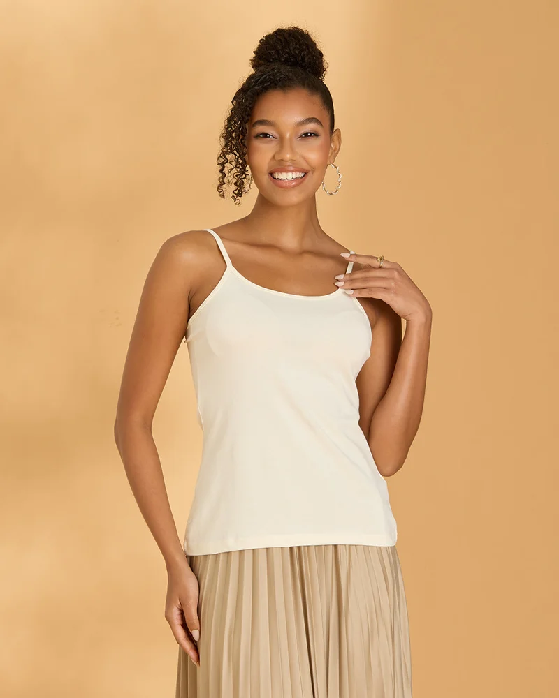Redtag Women Cream Plain Strappy Vest