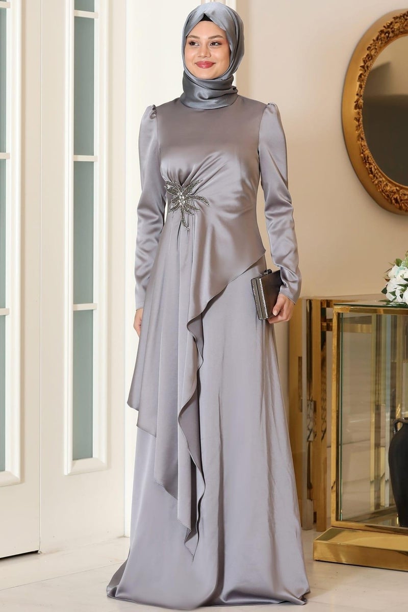 Esilanur Roza Hijab Evening Dress Gray  - Image 1