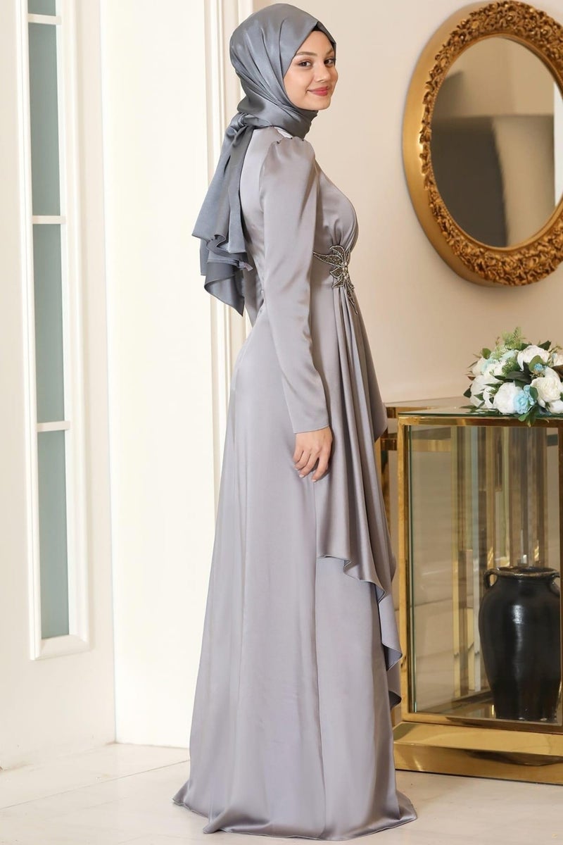 Esilanur Roza Hijab Evening Dress Gray  - Image 3