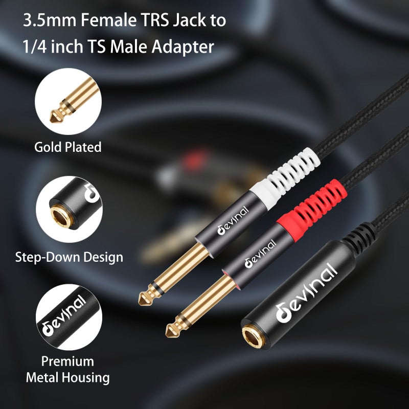 Devinal TRS to Dual TS Breakout Cable - 1/4" Female Stereo to Dual 6.35mm TS Male Adapter & 6.35mm Female to 2 x 1/4" Mono Y Splitter - 1 ft - Image 2
