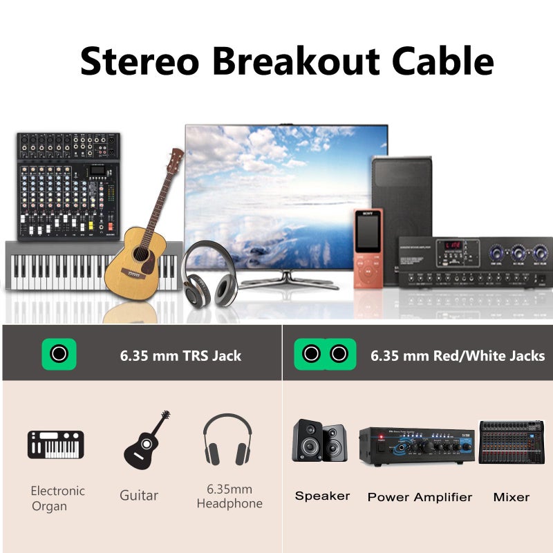 Devinal TRS to Dual TS Breakout Cable - 1/4" Female Stereo to Dual 6.35mm TS Male Adapter & 6.35mm Female to 2 x 1/4" Mono Y Splitter - 1 ft - Image 4