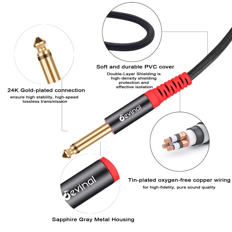 Devinal TRS to Dual TS Breakout Cable - 1/4" Female Stereo to Dual 6.35mm TS Male Adapter & 6.35mm Female to 2 x 1/4" Mono Y Splitter - 1 ft - Image 5