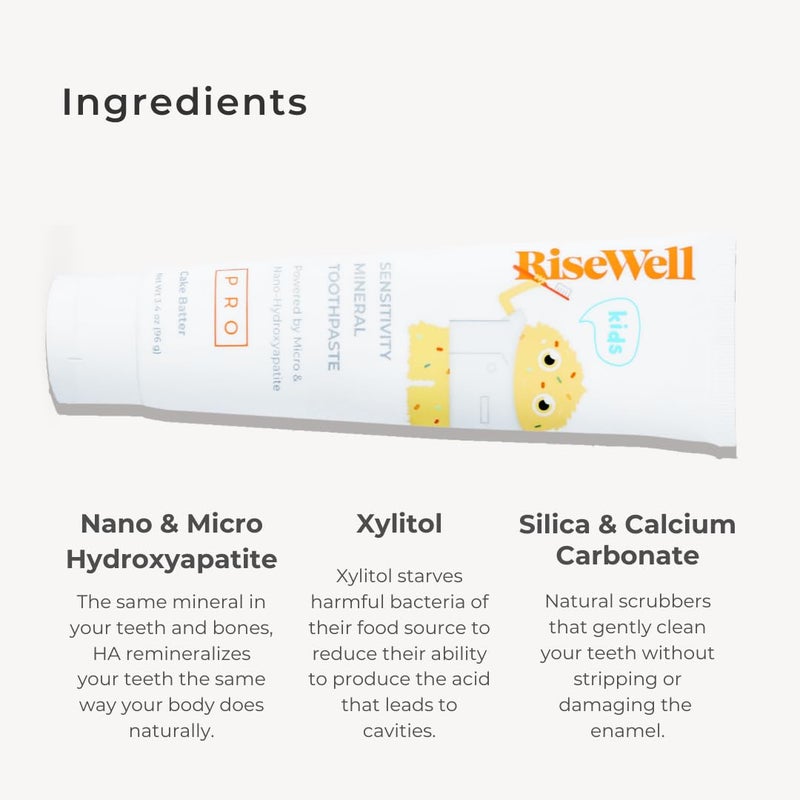 RiseWell PRO Kids Mineral Toothpaste - Micro & Nano Hydroxyapatite Toothpaste Kids - Made in USA, No Added Fluoride, Safe to Swallow & Dentist Developed for Remineralized Teeth (Cake Batter Flavor) - Image 4