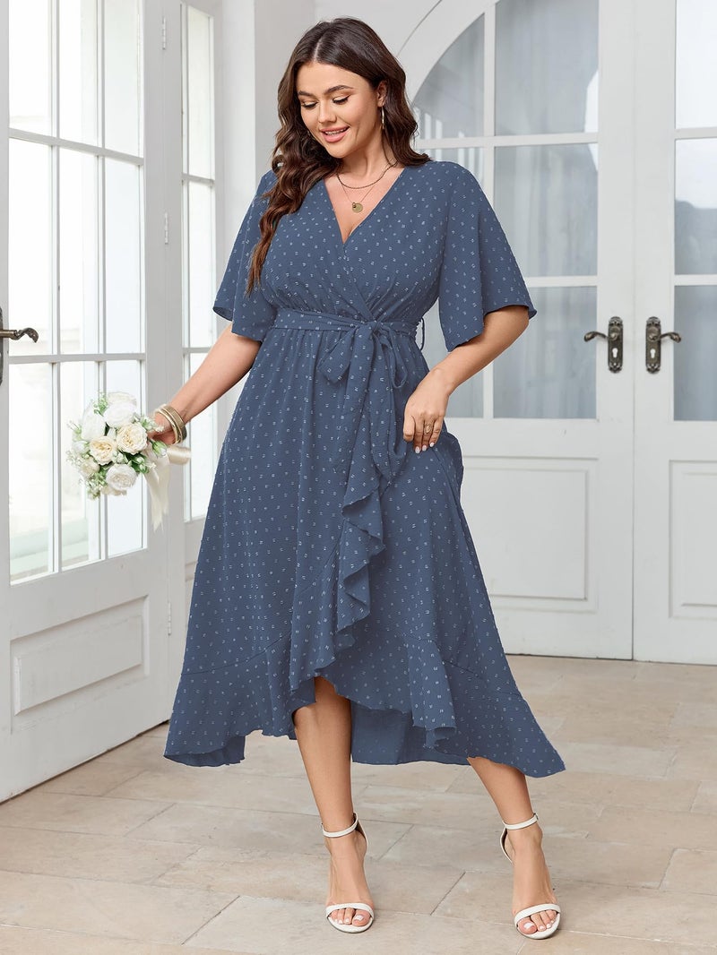 SCOMCHIC Women's Plus Size Summer Dresses Short Sleeve Wrap V Neck Swiss Dot Boho High Low Split Ruffle Maxi Dress Blue - Image 4