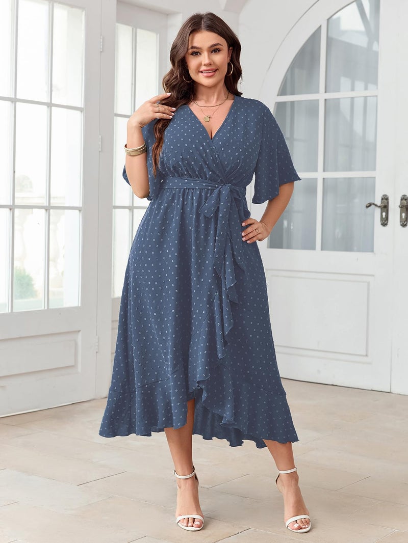 SCOMCHIC Women's Plus Size Summer Dresses Short Sleeve Wrap V Neck Swiss Dot Boho High Low Split Ruffle Maxi Dress Blue - Image 5