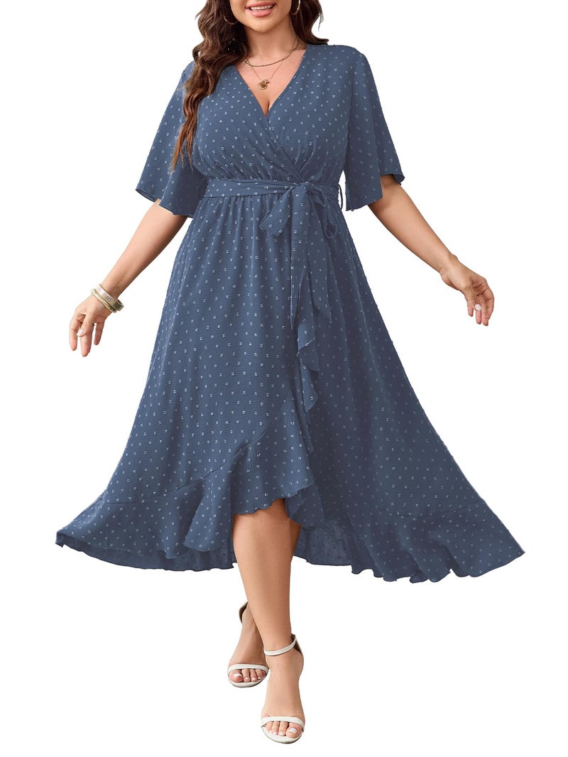 SCOMCHIC Women's Plus Size Summer Dresses Short Sleeve Wrap V Neck Swiss Dot Boho High Low Split Ruffle Maxi Dress Blue - Image 1