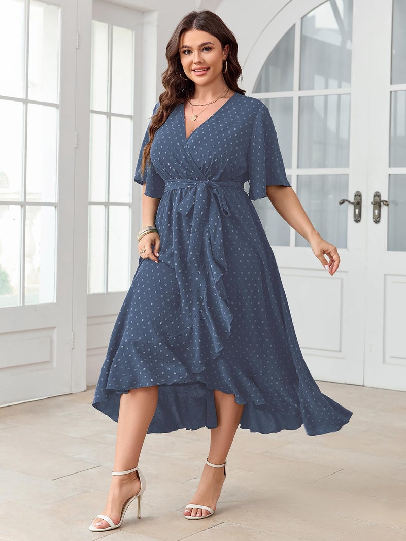 SCOMCHIC Women's Plus Size Summer Dresses Short Sleeve Wrap V Neck Swiss Dot Boho High Low Split Ruffle Maxi Dress Blue - Image 2