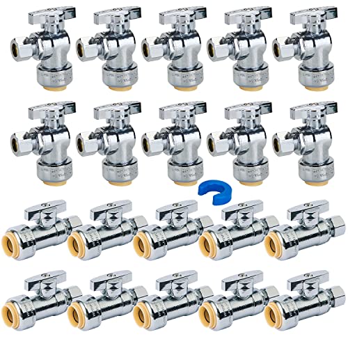 SUNGATOR 1/2" Shut Off Valve, 10 Each Straight Stop and Angle Stop Shutoff, 1/2 x 3/8 Inch Compression, No Lead Brass Push Pex Valve for PEX Pipe, Copper, CPVC, with 1 Disconnect Clip, Pack of 20 - Image 1