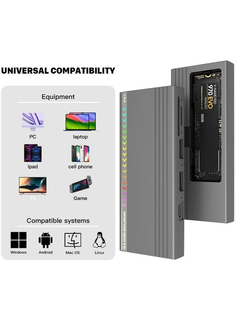 HY 231 6-in-1 USB-C Docking Station with M.2 NVMe SSD Enclosure – 10Gbps USB 3.2, 100W PD, Dual USB 2.0, RGB, SD/TF Reader, Aluminum Toolless Case