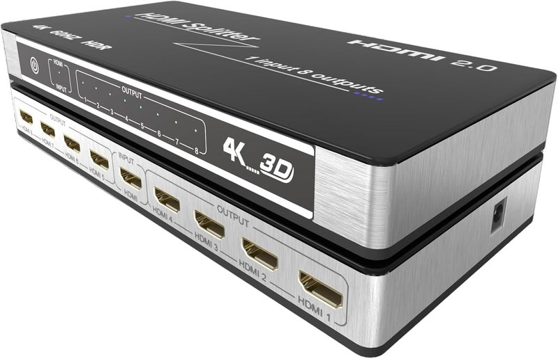 KAGO موزع HDMI 4K@60Hz 1 مدخل و8 مخارج، موزع HDMI 2.0 1x8 يوزع مصدرًا واحدًا إلى 8 شاشات متطابقة، يدعم HDCP 2.2، 18 جيجابت في الثانية، HDR10، 3D، 1080P@120Hz، للكنيسة، المؤتمر، صالة العرض (رمادي) - Image 1