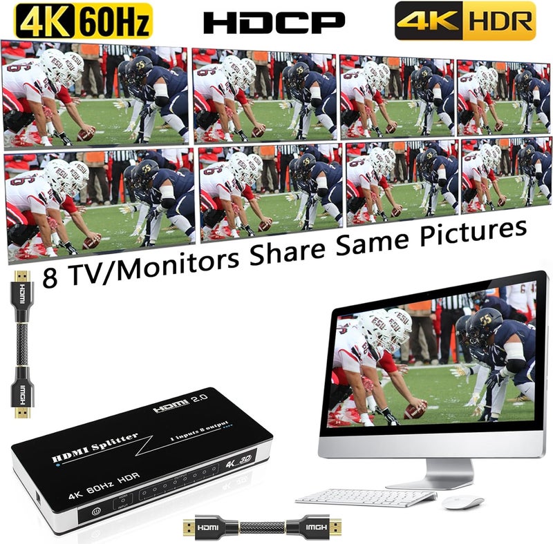 KAGO موزع HDMI 4K@60Hz 1 مدخل و8 مخارج، موزع HDMI 2.0 1x8 يوزع مصدرًا واحدًا إلى 8 شاشات متطابقة، يدعم HDCP 2.2، 18 جيجابت في الثانية، HDR10، 3D، 1080P@120Hz، للكنيسة، المؤتمر، صالة العرض (رمادي) - Image 2
