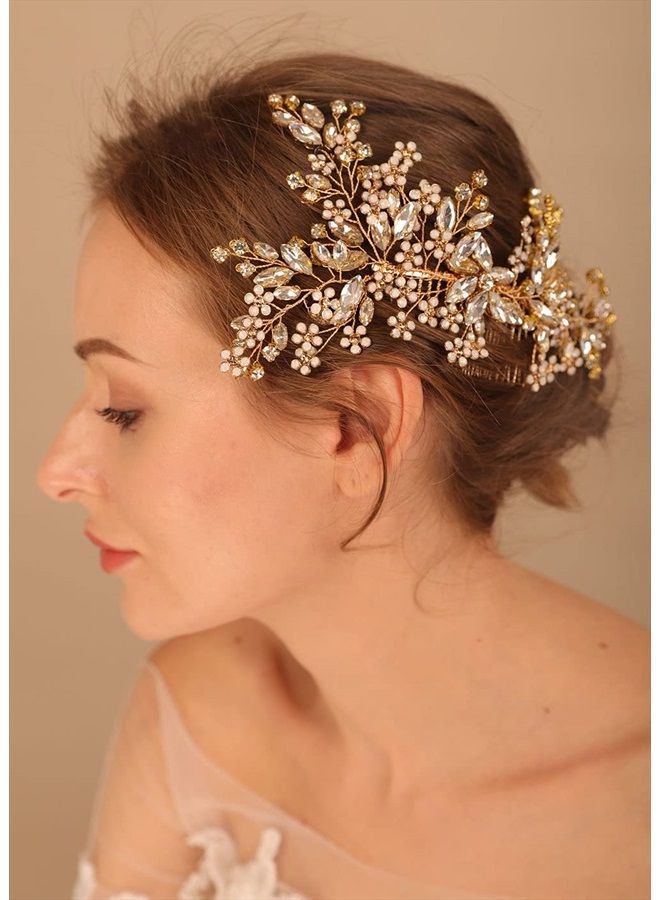 Denifery Gold Bride Crystal Wedding Hair Comb Silver Rhinestone Bridal Side Comb Opal Hair Piece Flower Wedding Hair Accessories for Women and Girls - Image 4