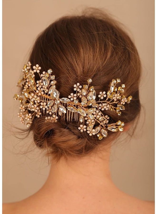 Denifery Gold Bride Crystal Wedding Hair Comb Silver Rhinestone Bridal Side Comb Opal Hair Piece Flower Wedding Hair Accessories for Women and Girls - Image 2