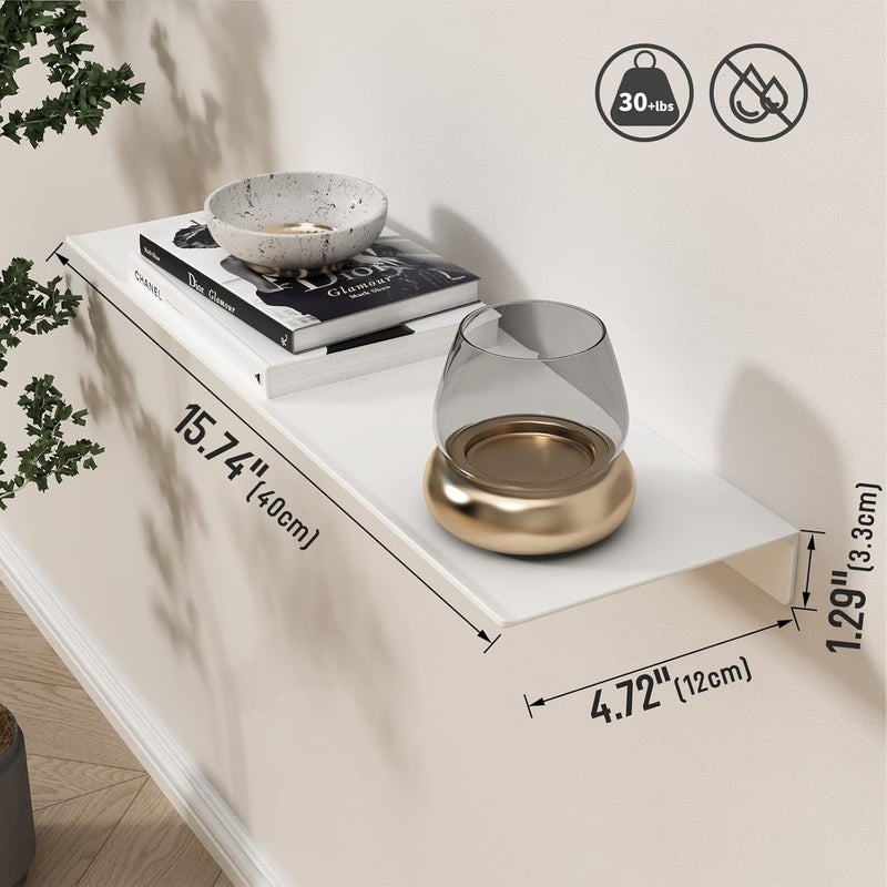 Danpoo White Floating Shelf for Wall Storage, Metal Wall Shelf for Living Room/Bathroom/Kitchen, Display Shelf for Collectibles, 16" - Image 3