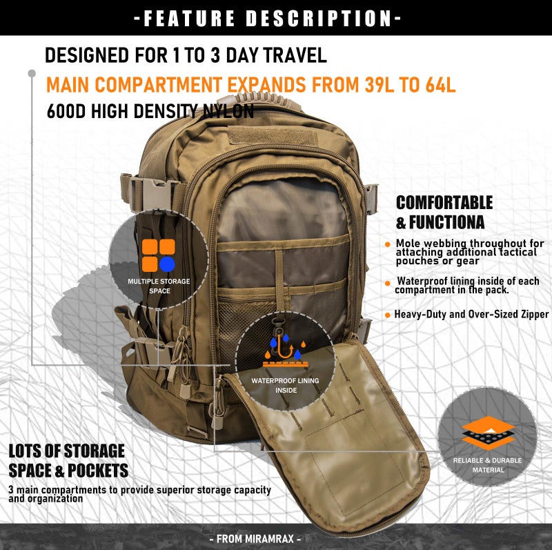 Miramrax Tactical Backpack Military Army Daypack - Assault Pack for Men Molle Backpacks Bug Out Bag 3 Day Pack for Hiking Camping Travel Hunting Rucksack Trekking Coyote - Image 5