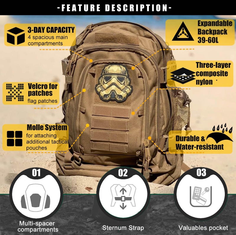 Miramrax Tactical Backpack Military Army Daypack - Assault Pack for Men Molle Backpacks Bug Out Bag 3 Day Pack for Hiking Camping Travel Hunting Rucksack Trekking Coyote - Image 3