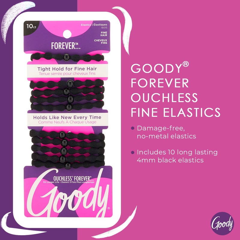 Goody Ouchless Forever Fine Hair Elastics - 10 Ct, Black, Damage-Free Bands, 3X Stronger Hair Ties, Retainable Shape, 16 Strand Inner Core, Hair Accessories for Women & Men - Image 2