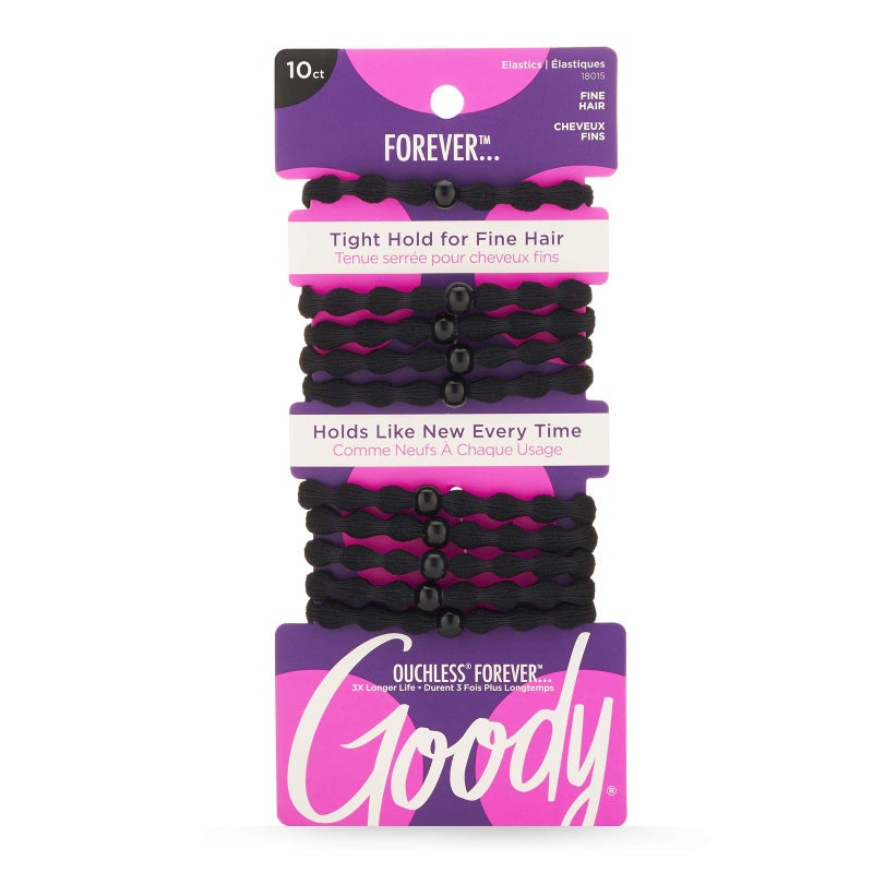 Goody Ouchless Forever Fine Hair Elastics - 10 Ct, Black, Damage-Free Bands, 3X Stronger Hair Ties, Retainable Shape, 16 Strand Inner Core, Hair Accessories for Women & Men - Image 1