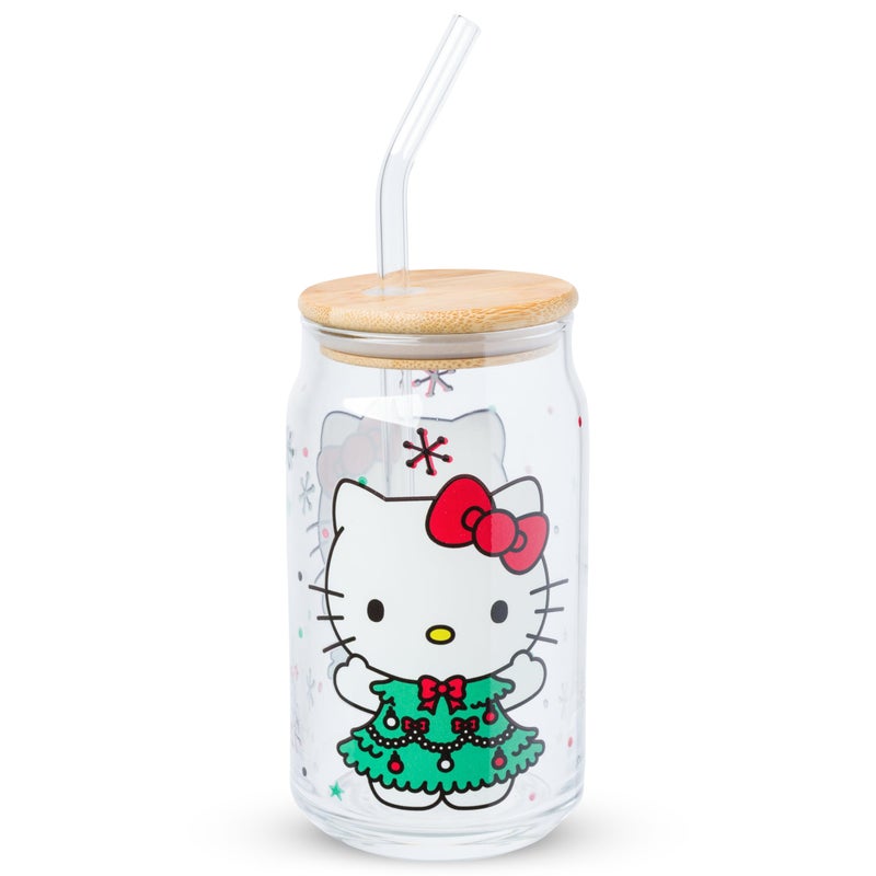 Silver Buffalo Sanrio Hello Kitty Holiday Glass Tumbler with Bamboo Lid and Glass Straw 16 Ounces - Image 2