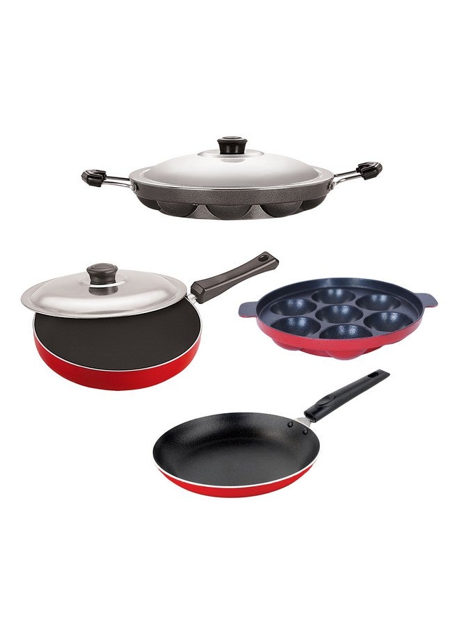 Nirlon Aluminium Cookware Set, 4-Pieces, Red and Black, FP12_TP_AP(7)_AP(12)