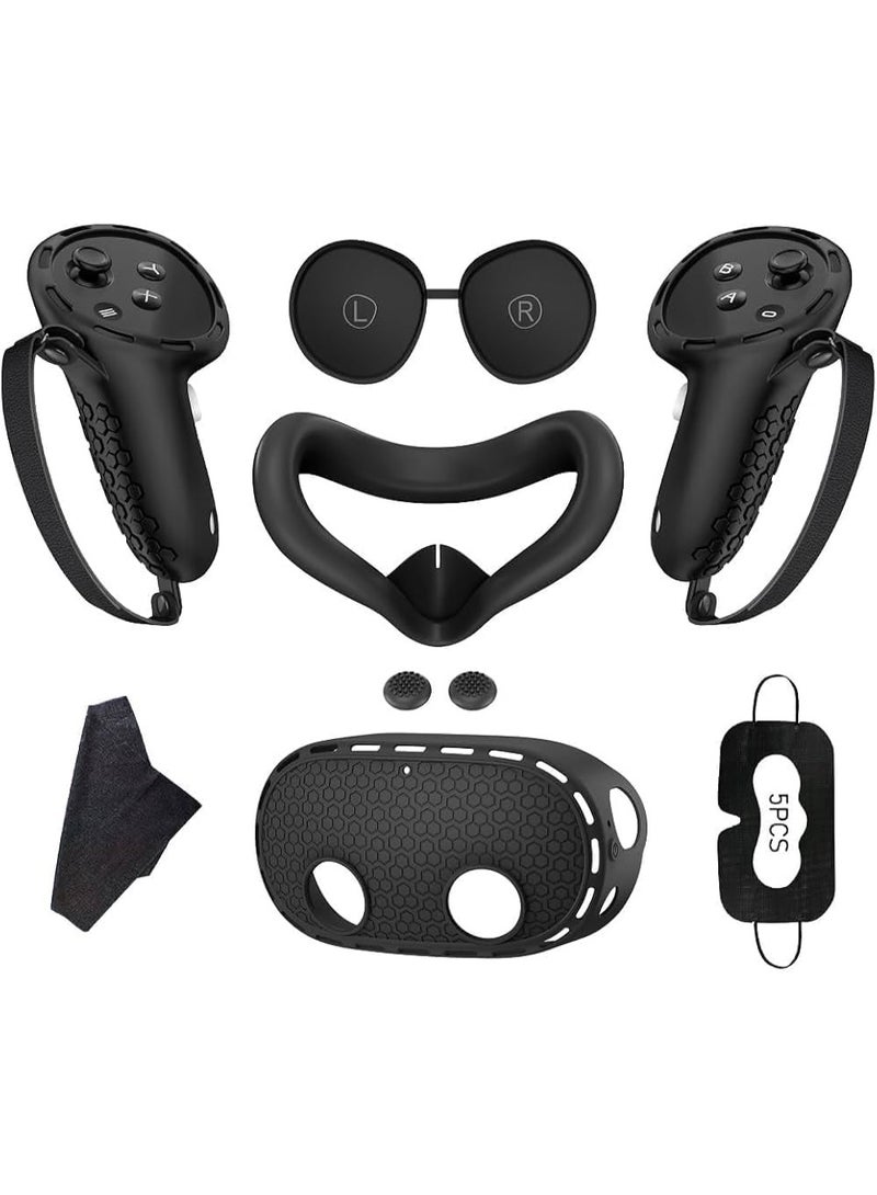 فكرة اكسسوارات واقع افتراضي 7 في 1 من فكرة متوافقة مع ميتا اوكولوس كويست 3s 2024: غطاء وجه سيليكون وغطاء عدسة حماية مع 5 أغطية عين للاستعمال مرة واحدة وقطعة قماش للتنظيف و2 زر للإبهام (لون أسود) - Image 1
