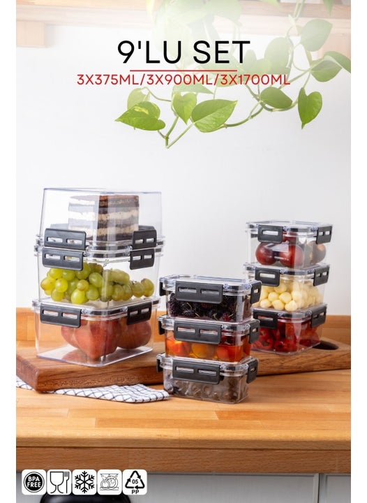 9 Piece Set Rectangular Clear Storage Box Set with Lock Lid - 375-900-17000ML