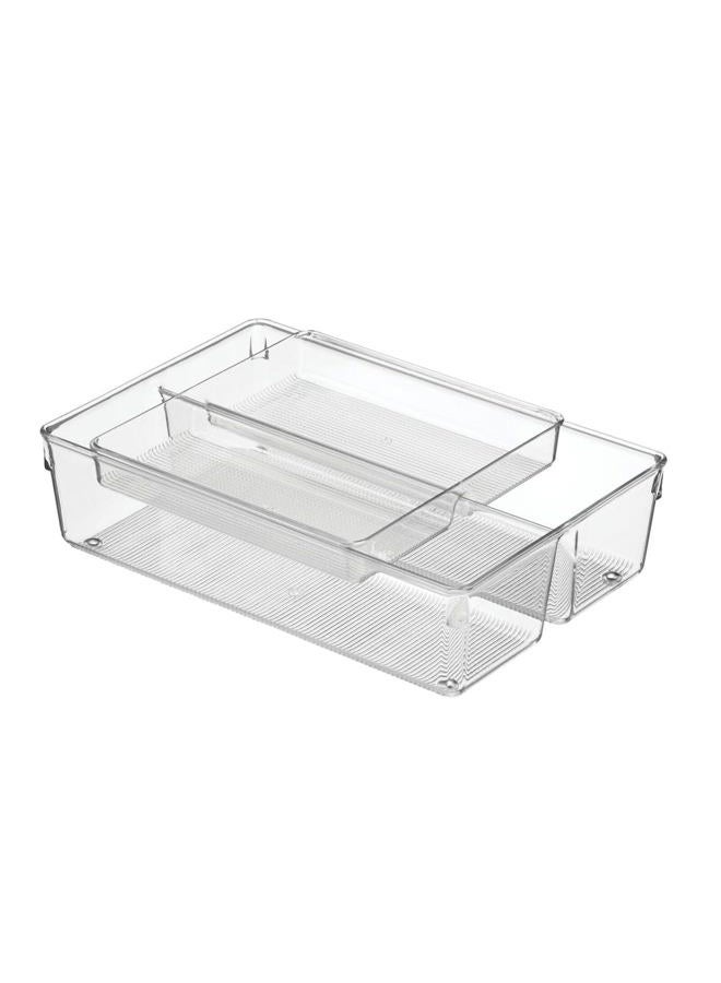 Stackable Kitchen Storage Drawer Organizer Bin with Top Nesting Tray - Divided Compartments for Drawers, Cabinets, Pantry Shelves, Refrigerators, Freezers - 2 Pieces - Clear