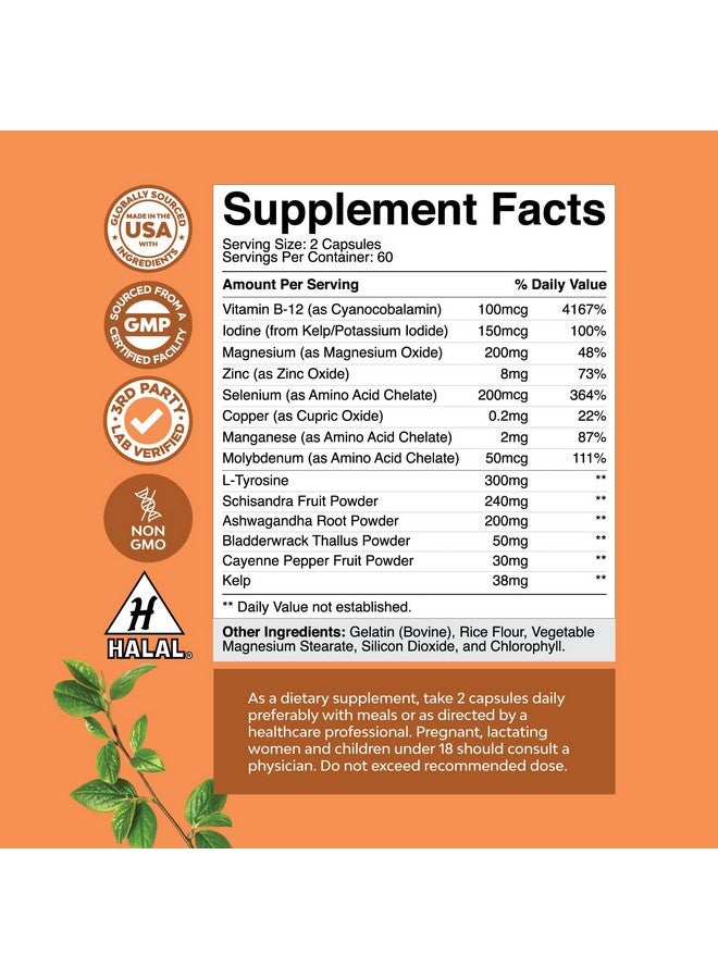 نايتشرز كرافت مركب دعم الغدة الدرقية العشبي - مكمل اليود للغدة الدرقية مع إل تيروزين وعشبة البحر والسيلينيوم وأشواغاندا - مكمل الطاقة لتحسين الحالة المزاجية لصحة الغدة الدرقية - 120 كبسولة حلال - Image 4