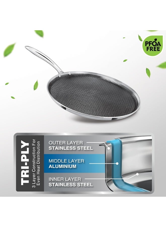 Milton Pro Cook Triply Hexa Tech Induction Stainless Steel Tawa, 32 Cm,Silver, Honeycomb Non-Stick Structure, Sturdyhandle, Food Grade, Flame & Hot Plate Safe - Image 5
