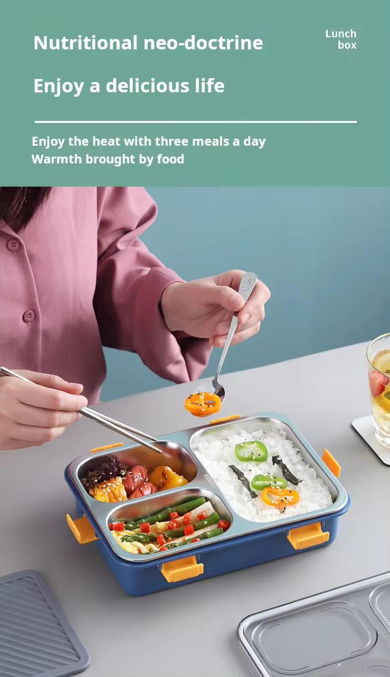 MARKWELL 3 Compartment Stainless Steel Lunch Box Leakage Proof Lunch Box for School Kids and Adults Pack of 1 Blue750ML - Image 3