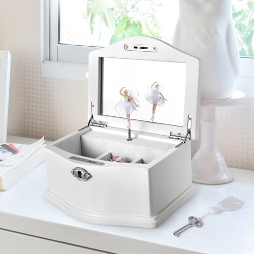 Jozen Gift Wooden Ballerina Medium White Musical Jewelry Box with Mirror and Lock for girls，Kid's Jewelry Storage Music Box,Gifts for Christmas,Birthday and all Holidays - Image 1