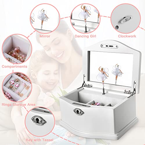 Jozen Gift Wooden Ballerina Medium White Musical Jewelry Box with Mirror and Lock for girls，Kid's Jewelry Storage Music Box,Gifts for Christmas,Birthday and all Holidays - Image 3