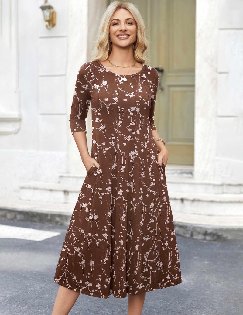 HOTOUCH Womens Casaul Flare Dress Loose Pleated Summer Dress Floral Midi Sundress Flower Print Beach Dress with Pockets Brown Floral, XXL - Image 4
