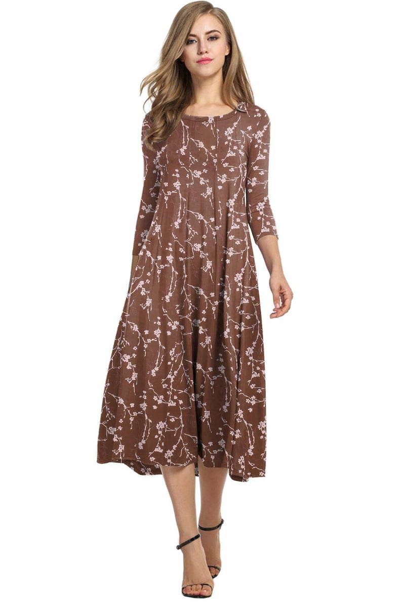 HOTOUCH Womens Casaul Flare Dress Loose Pleated Summer Dress Floral Midi Sundress Flower Print Beach Dress with Pockets Brown Floral, XXL - Image 1