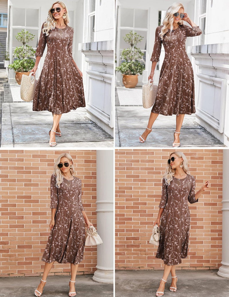 HOTOUCH Womens Casaul Flare Dress Loose Pleated Summer Dress Floral Midi Sundress Flower Print Beach Dress with Pockets Brown Floral, XXL - Image 5