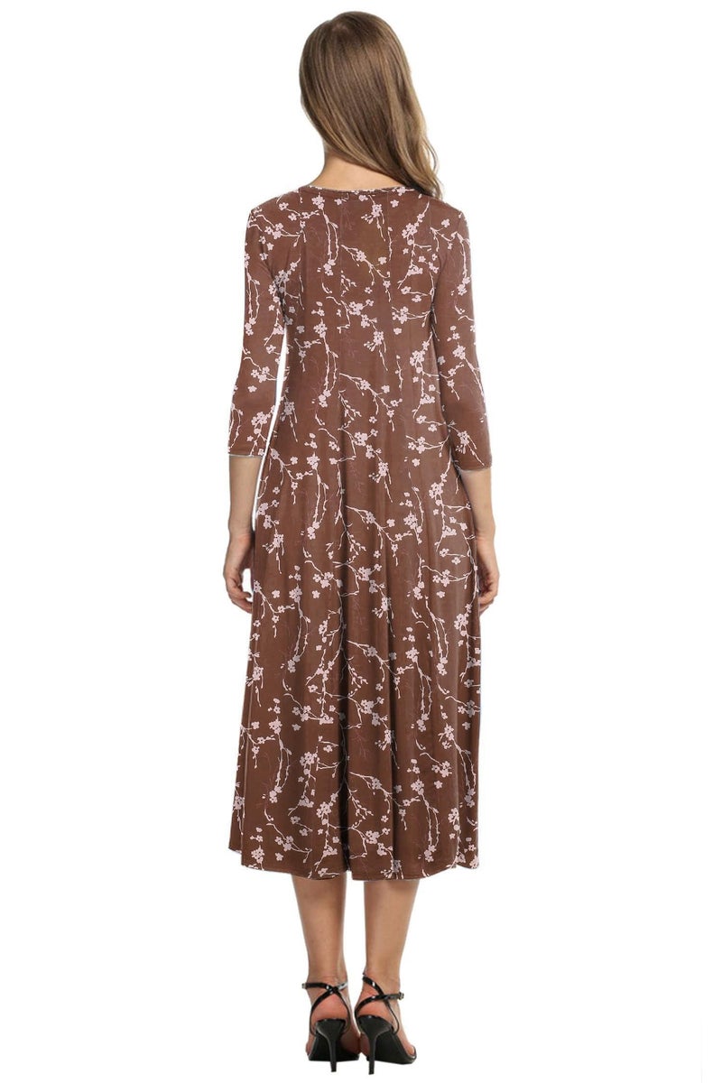 HOTOUCH Womens Casaul Flare Dress Loose Pleated Summer Dress Floral Midi Sundress Flower Print Beach Dress with Pockets Brown Floral, XXL - Image 2