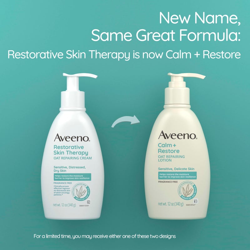 Aveeno Calm + Restore Oat Repairing Body Lotion for Sensitive Skin, Daily Moisturizer with Prebiotic Oat, Aloe & Pro-Vitamin B5, Fragrance Free Body Lotion Helps Heal Dry Skin, 12 oz - Image 2