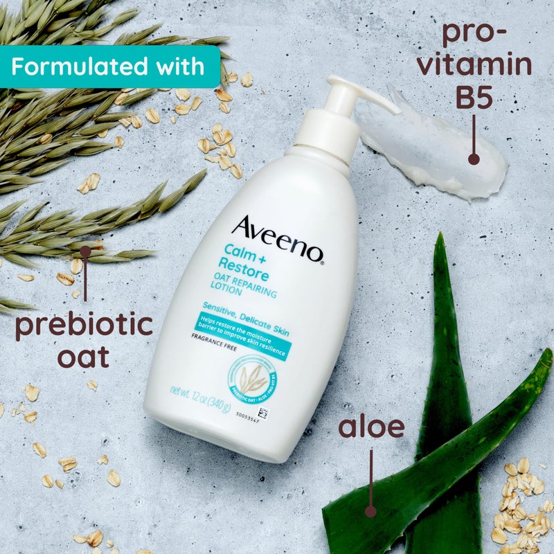 Aveeno Calm + Restore Oat Repairing Body Lotion for Sensitive Skin, Daily Moisturizer with Prebiotic Oat, Aloe & Pro-Vitamin B5, Fragrance Free Body Lotion Helps Heal Dry Skin, 12 oz - Image 4