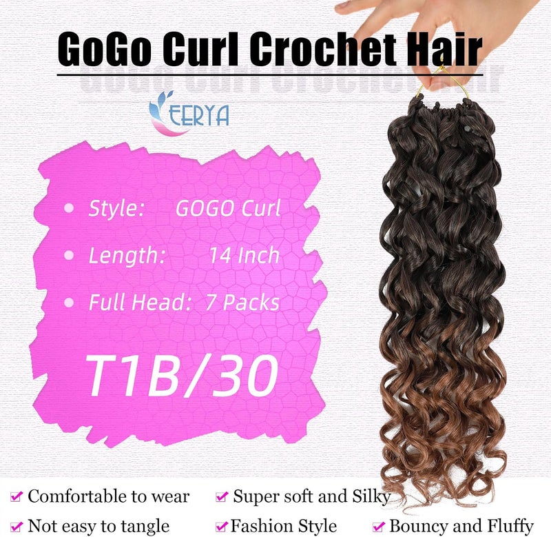Eerya 7 Packs GoGo Curl Crochet Hair 14 Inch Short Curly Crochet Hair for Women Beach Curl Water Wave Deep Twist Crochet Braids Synthetic Braiding Hair Extensions (14 Inch, T1B/30) - Image 3