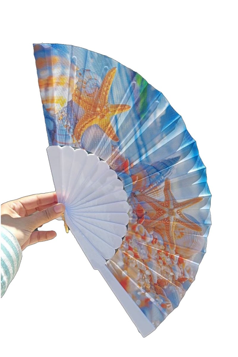 شي إن مروحة شين ستارفيش القابلة للطي، قطعة واحدة - كبيرة محمولة باليد، ديكورية وعملية، مع خطوط حمراء وخضراء زاهية وأنماط بذور سوداء - مادة بلاستيكية متينة، مناسبة للمهرجانات والحفلات والعروض والهدايا الصيفية وديكور المنزل