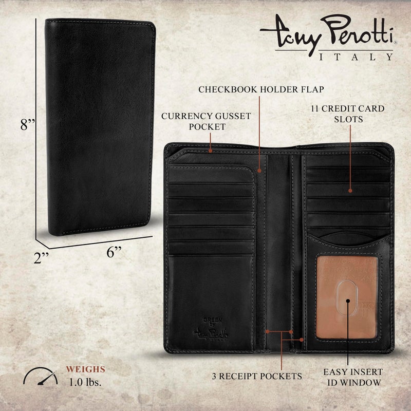 Tony Perotti Men's Leather Checkbook Long Wallets - Italian Bifold with Card Holders, Pockets, ID Window - Eco-Friendly Vegetable-Tanned Full Grain - Image 2