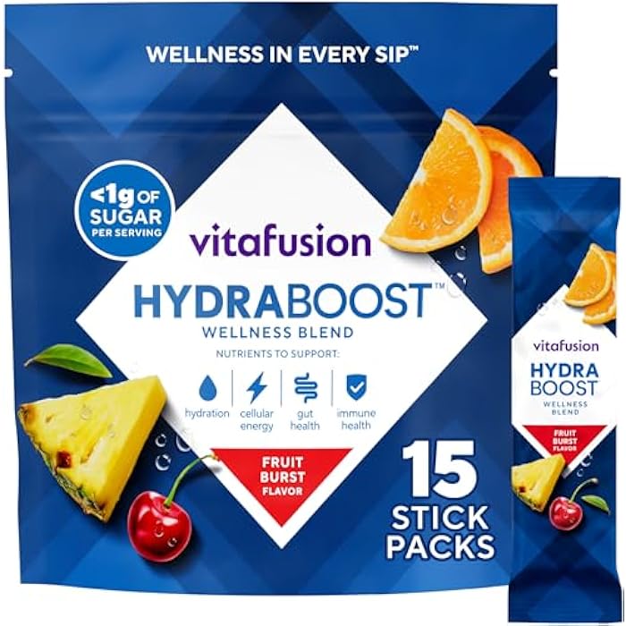 Vitafusion Hydraboost Drink Powder Packets, Electrolytes Support Daily Hydration, Vitamins Support Cellular Energy & Immune Health, Prebiotic Fiber Supports Gut Health, Fruit Burst, 15 Sticks - Image 1