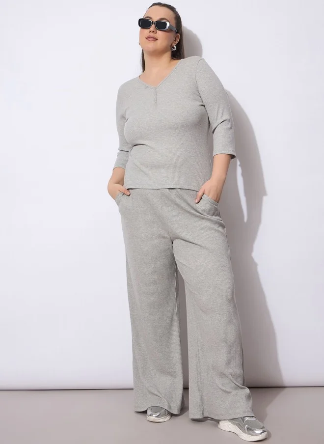 ساسافراس Curve Plus Size Grey Rib Top And Trouser Set For Women