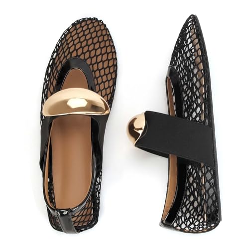MICIFA Mesh Ballet Flats for Women Metal Decor Ballerina Mary Jane Flats Round Toe Buckle Casual Dress Ballet Flats Shoes BlackGold - Image 5