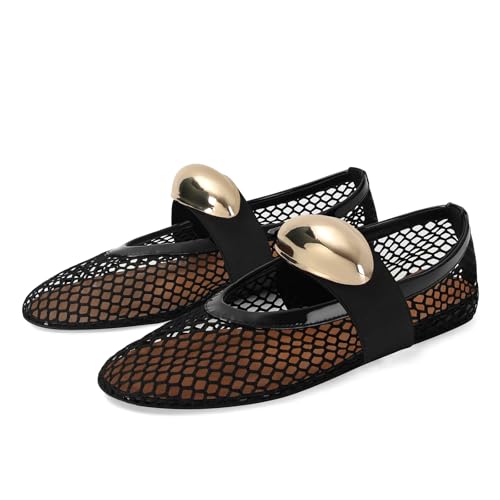MICIFA Mesh Ballet Flats for Women Metal Decor Ballerina Mary Jane Flats Round Toe Buckle Casual Dress Ballet Flats Shoes BlackGold - Image 1