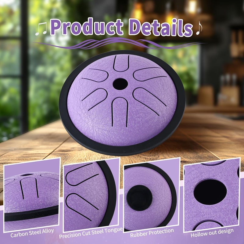 Yahpetes Steel Tongue Drum Musical Percussion Instrument Metal Rain Drum for Outside 5.5 Inch 6 Notes C-Key for Meditation Yoga Education Percussion with Bag, Music Book, Mallets (Purple) - Image 3