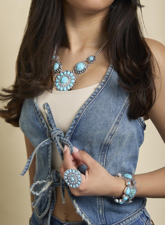 Jessica Simpson Womens Turquoise Stone Ring Size 8 - Oxidized Silver-Tone Statement Ring with Turquoise Stones - Image 2