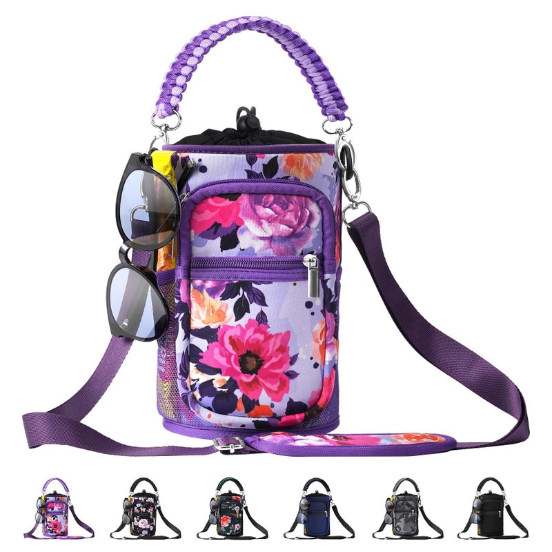 AceTreker 128 oz Neoprene Water Bottle Holder with Strap Phone Pocket for Insulated Metal Hydro Jug Water Flask Crossbody Sling Bag for Camping TripPurple Rose - Image 2