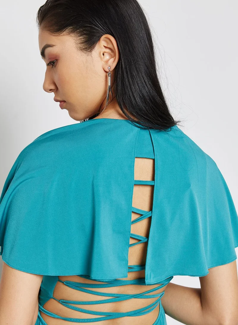 GLAMOROUS Teal Flutter Maxi Dress