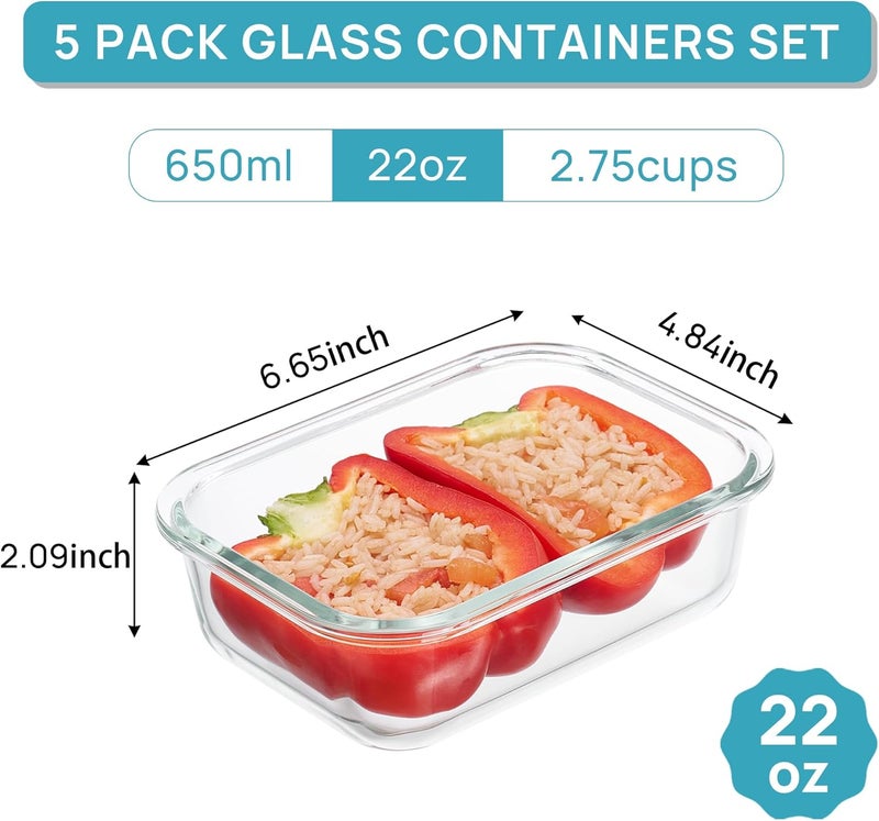 Vtopmart 5-Pack 22oz Glass Storage Containers with Lids - Meal Prep Food Containers Set - Image 2
